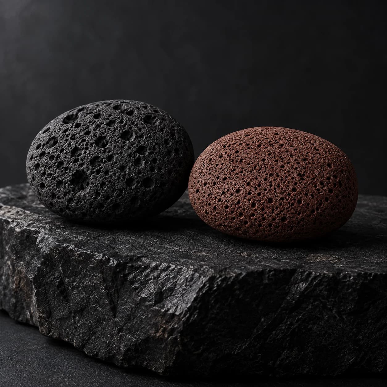 A black coarse-textured and a red fine-textured volcanic hand-care stone from GRIPLR