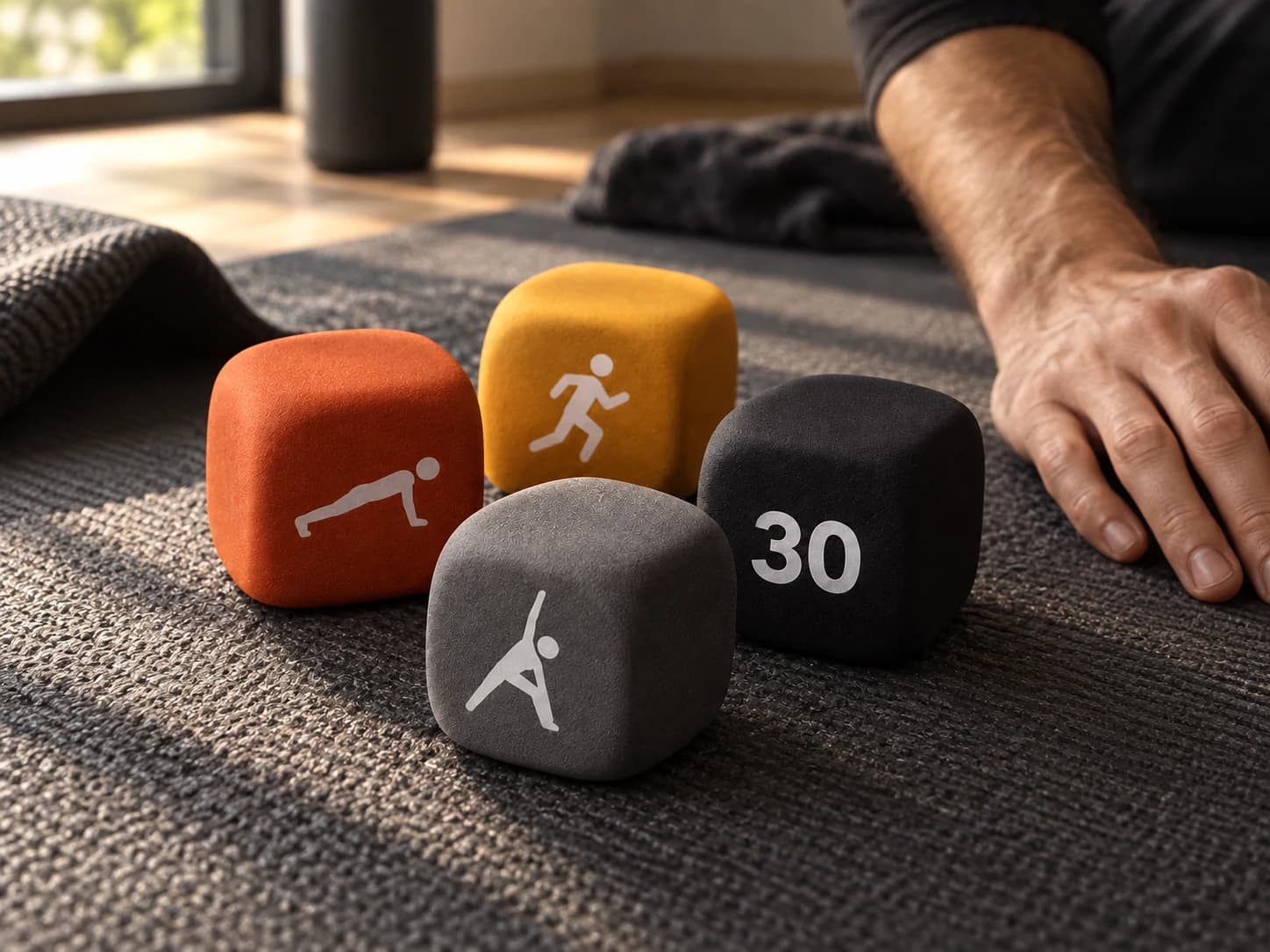 Four colored GRIPLR movement dice on a dark exercise mat beside a hand