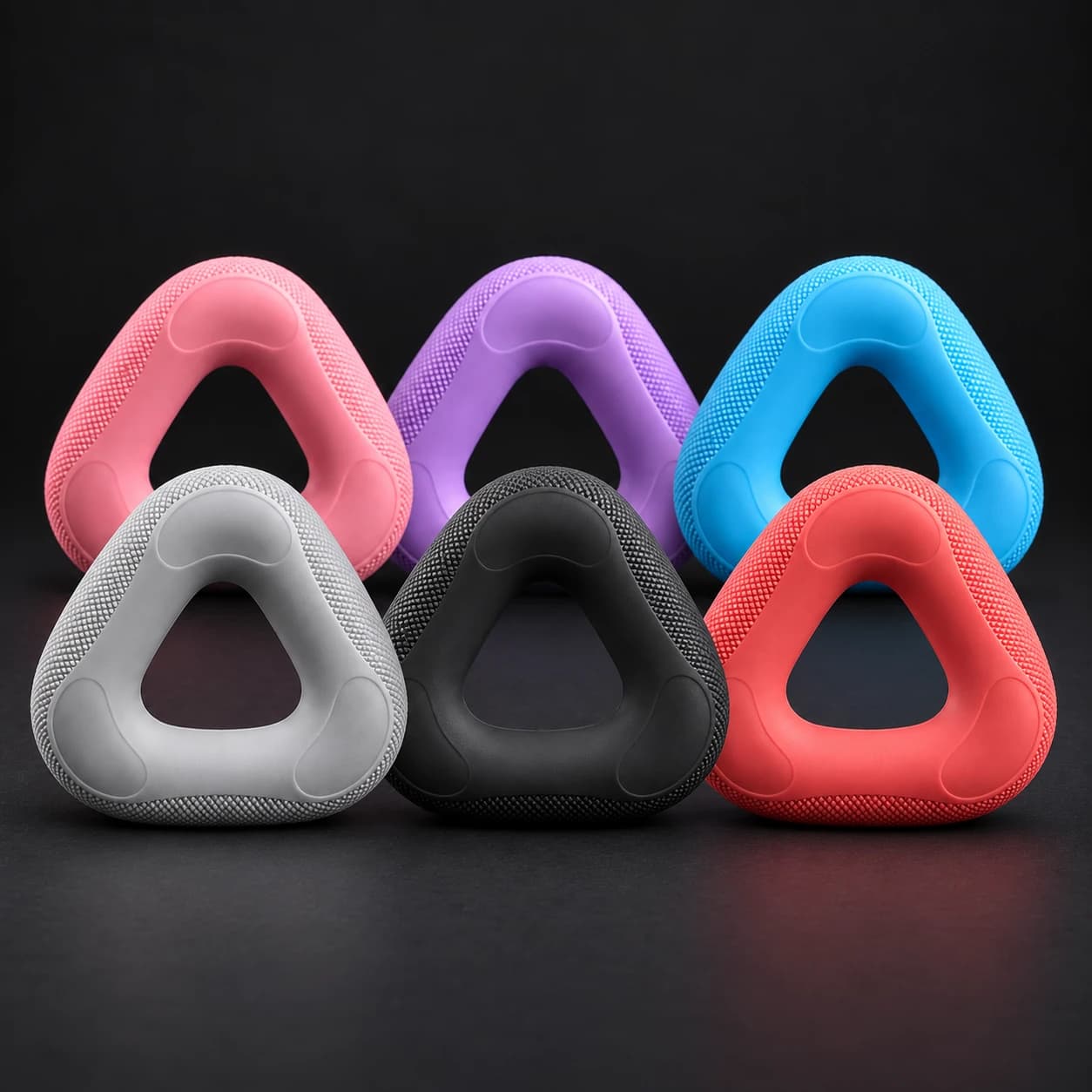 Six textured triangular GRIPLR grip rings arranged as the Pro Set against a charcoal background