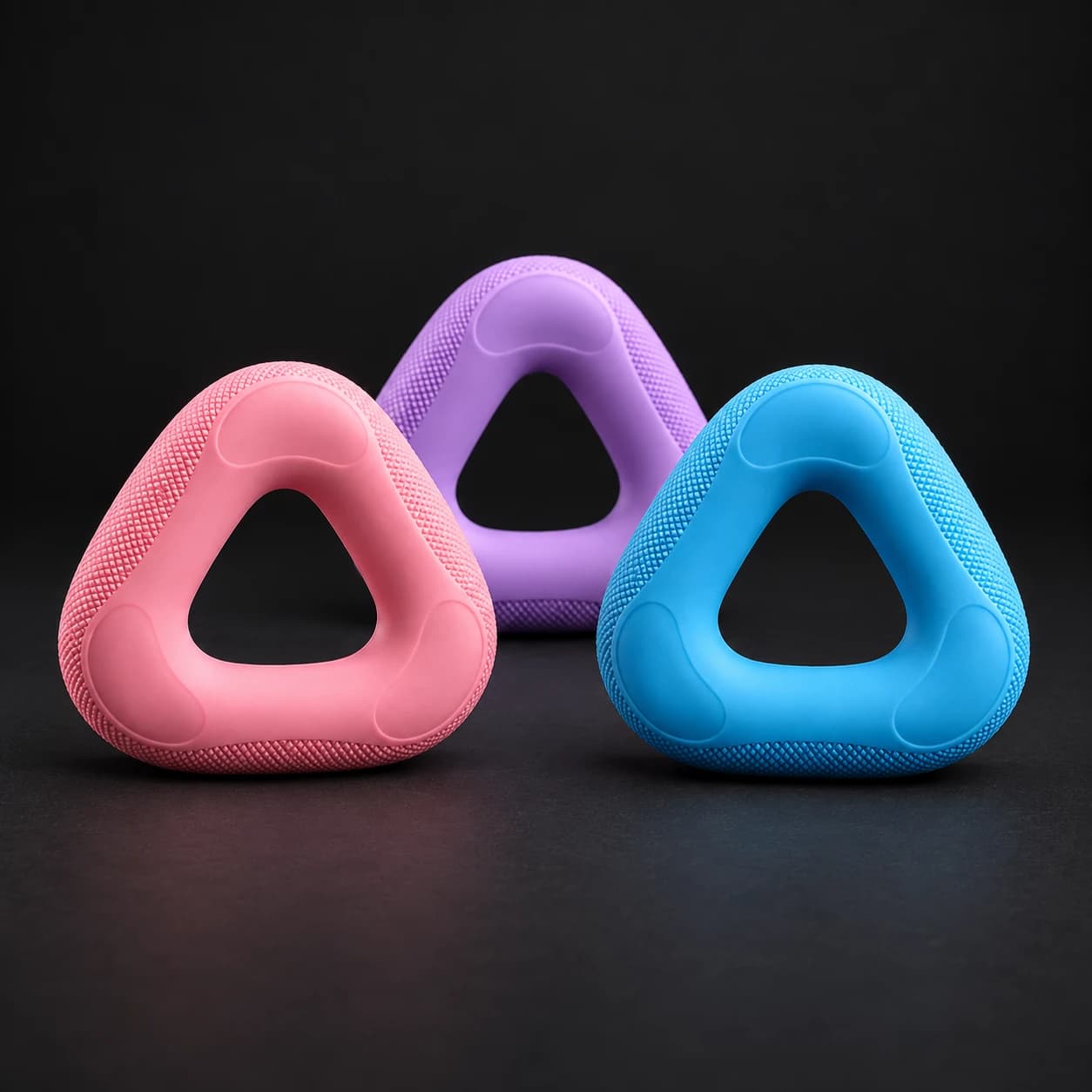 Three rounded triangular GRIPLR grip rings from the Starter Set on a dark surface