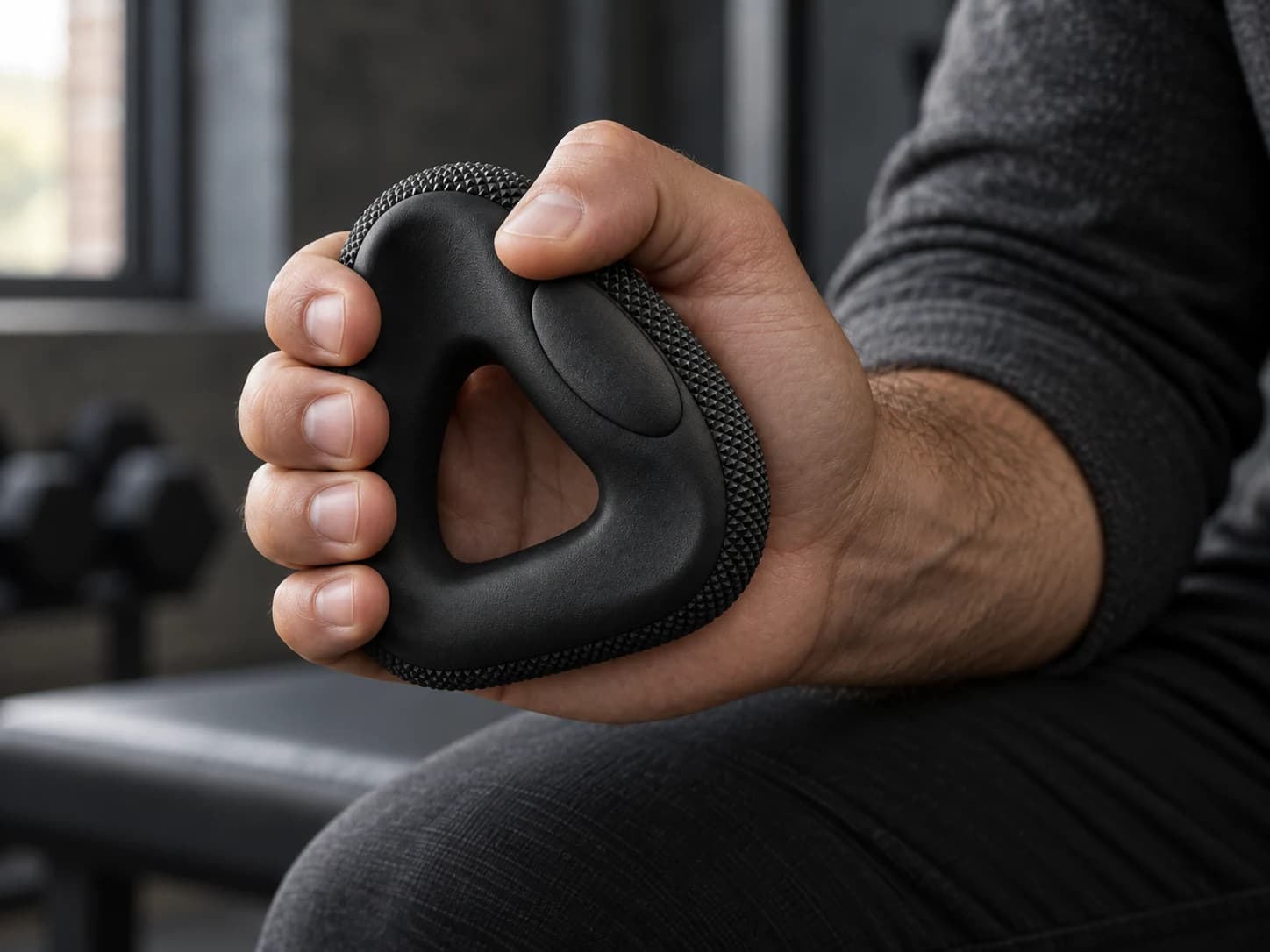 A hand holding a black textured GRIPLR grip ring in natural light