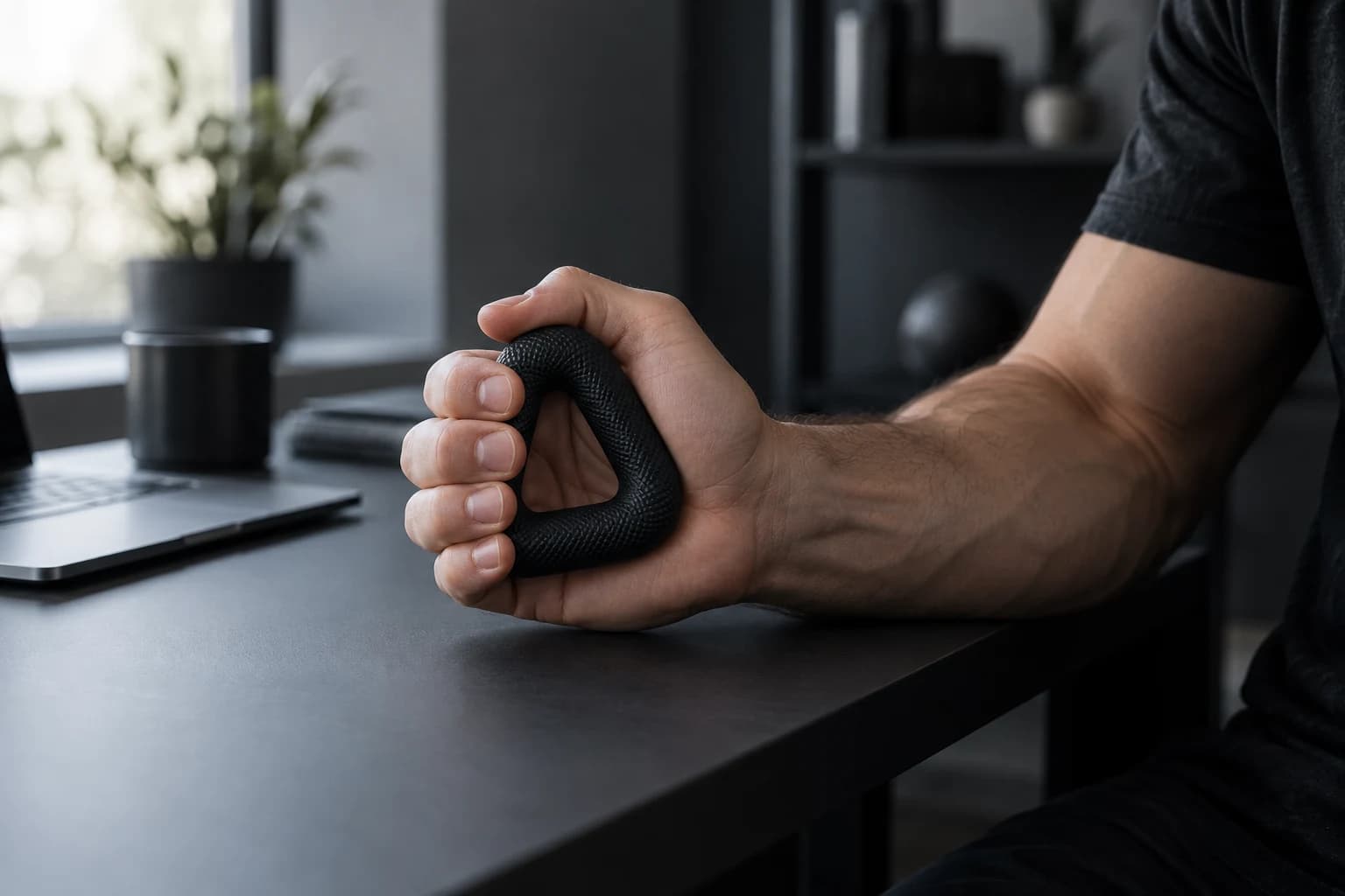 A hand holding a compact GRIPLR grip ring in a dark training space