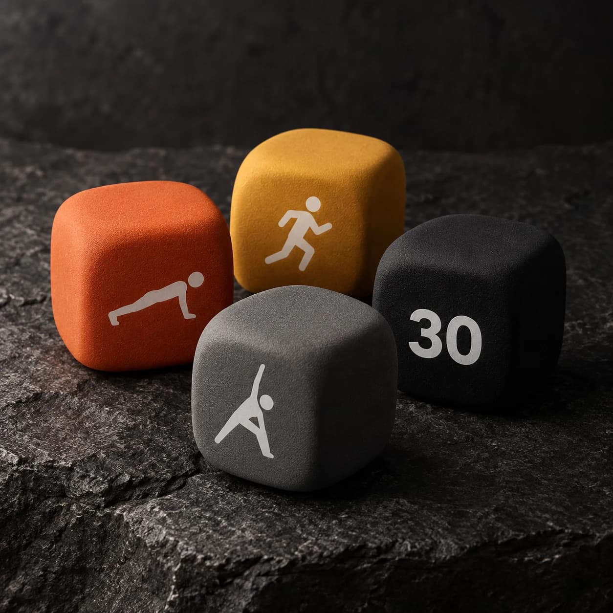 Four GRIPLR exercise dice in orange, yellow, gray and black on a dark surface