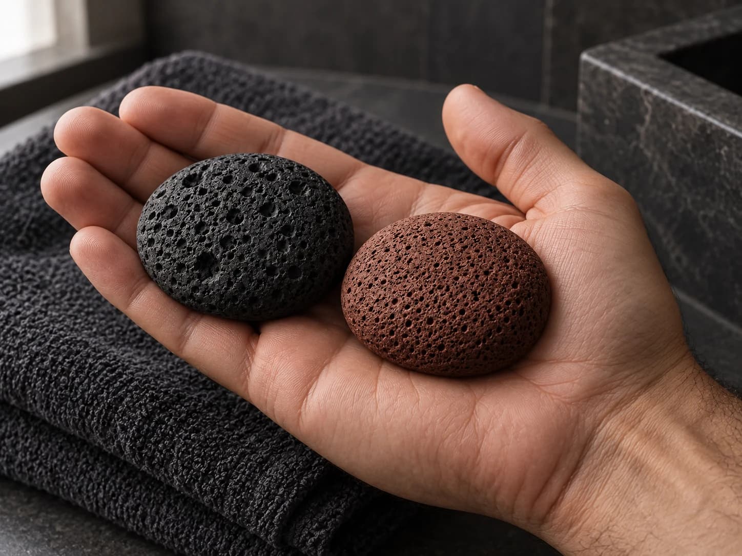Black and red porous GRIPLR hand-care stones resting in a palm